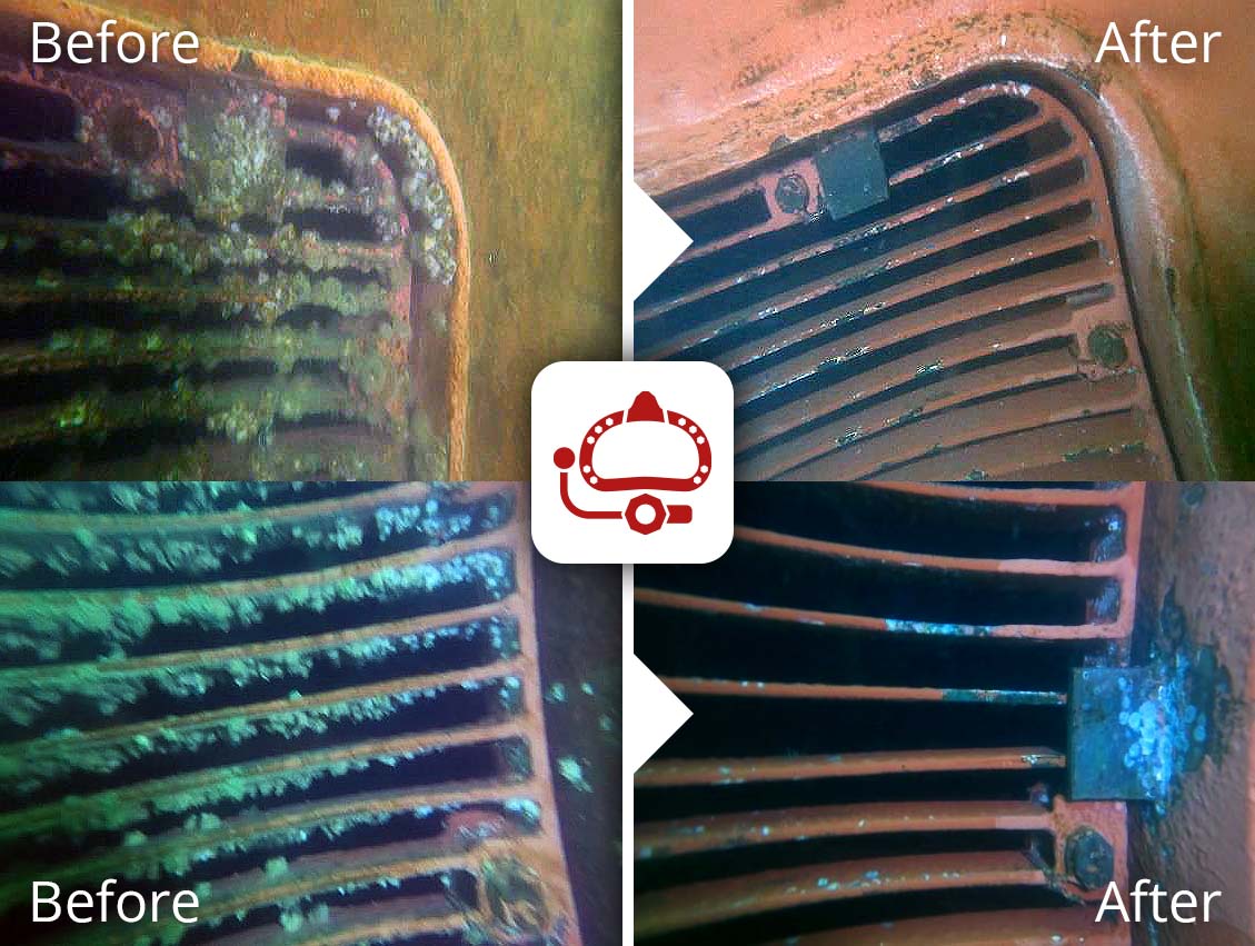 Before-and-after appearance of sea chest gratings on a container vessel 